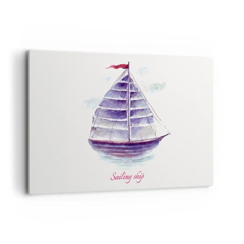 Obraz na płótnie - Akwarelowy obraz żaglówki na wodzie z delikatnym napisem - 120x80cm - Pełnych żagli i spokojnej wody - Nowoczesna dekoracja ścienna do salonu, kuchni i sypialni ARTTOR