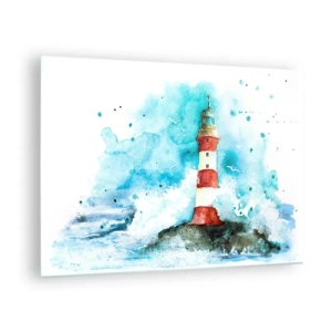 Obraz na szkle - Latarnia morska otoczona morskimi falami w akwarelowym stylu - 70x50cm - Jedność żywiołów - Nowoczesna dekoracja ścienna do salonu i sypialni ARTTOR