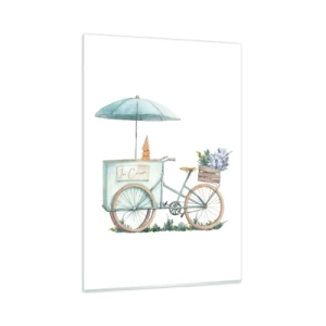 Obraz na szkle - Rower z lodami i kwiatami pod parasolem w delikatnej pastelowej kolorystyce - 80x120cm - Słodkie wspomnienie lata - Nowoczesna dekoracja ścienna do salonu i sypialni ARTTOR