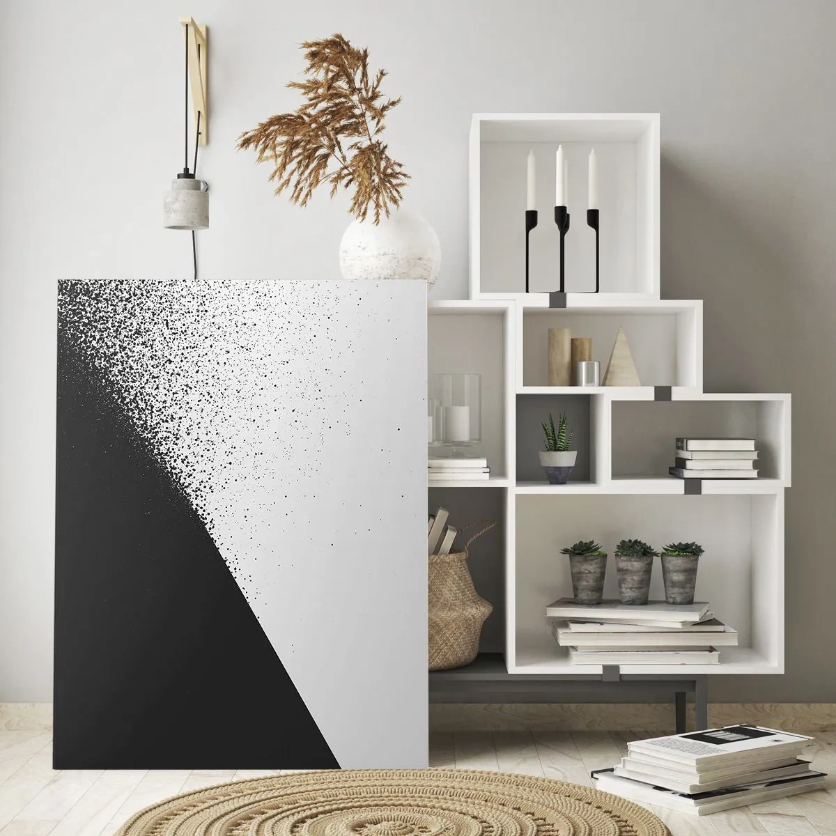 Obraz na szkle - Minimalistyczna abstrakcja w czerni i bieli z rozproszonymi kropkami - 80x120cm - Coraz szybciej, coraz więcej - Nowoczesna dekoracja ścienna do salonu i sypialni ARTTOR