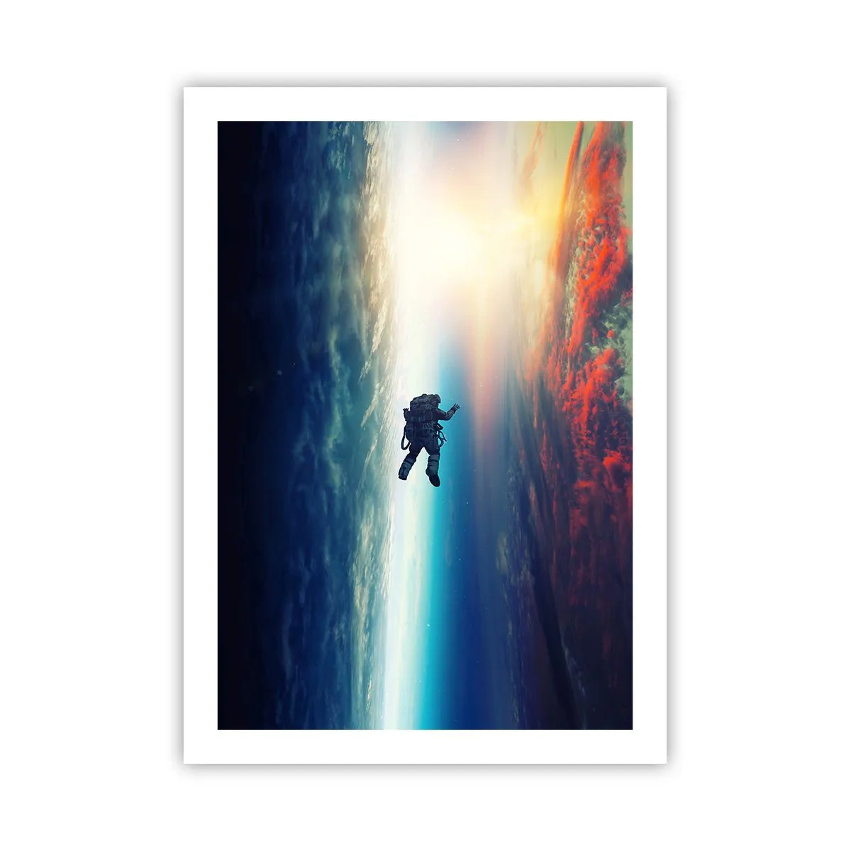 Plakat - Astronauta w przestrzeni kosmicznej na tle Ziemi i słońca - 50x70cm - Mierzyć się ze wszechświatem - Nowoczesna dekoracja ścienna do salonu, kuchni i sypialni ARTTOR