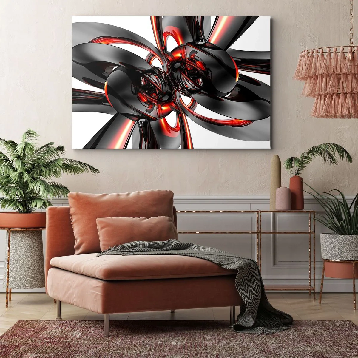 Obraz na płótnie - Abstrakcyjna grafika 3D z czarnymi i czerwonymi elementami - 70x50cm - Ruch w graficie i czerwieni - Nowoczesna dekoracja ścienna do salonu i sypialni ARTTOR