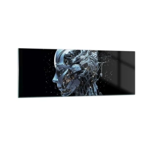 Obraz na szkle - Futurystyczny portret cyborga w industrialnym stylu na czarnym tle - 140x50cm - Technologia jest kobietą - Nowoczesna dekoracja ścienna do salonu i sypialni ARTTOR
