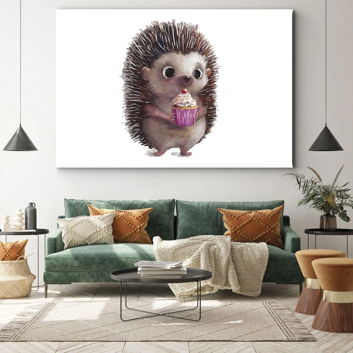 Obraz na płótnie - Uroczy jeżyk z babeczką - 100x70cm - Święto jest co dzień - Nowoczesna dekoracja ścienna do salonu, kuchni i sypialni ARTTOR