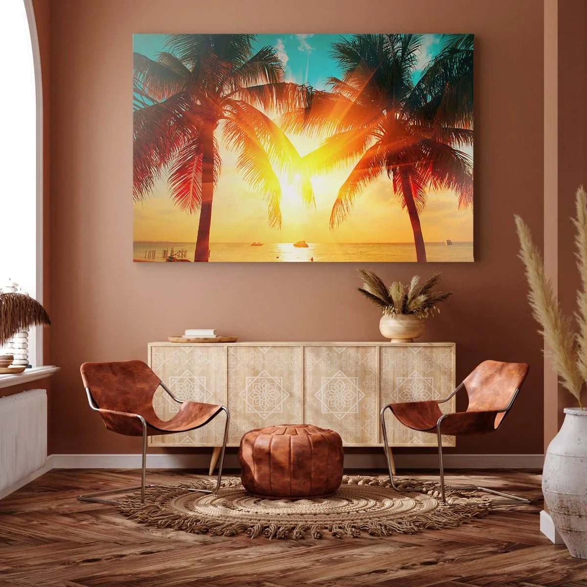 Obraz na płótnie - Palmy oświetlone ciepłym światłem zachodzącego słońca - 100x70cm - Egzotyczna para - Nowoczesna dekoracja ścienna do salonu, kuchni i sypialni ARTTOR