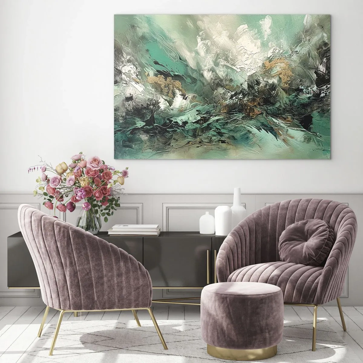 Obraz na szkle - Abstrakcyjna kompozycja w odcieniach szmaragdu, czerni i bieli - 70x50cm - Szmaragdowo-czarna kipiel - Nowoczesna dekoracja ścienna do salonu i sypialni ARTTOR