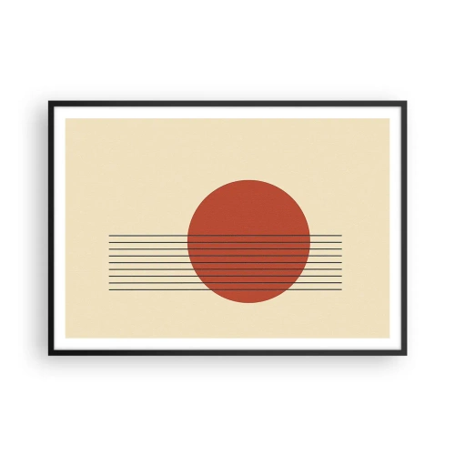 Plakat w czarnej ramie - Abstrakcyjny okrąg w czerwieni z liniami na beżowym tle - 100x70cm - W koło i dalej - Nowoczesna dekoracja ścienna do salonu i sypialni ARTTOR