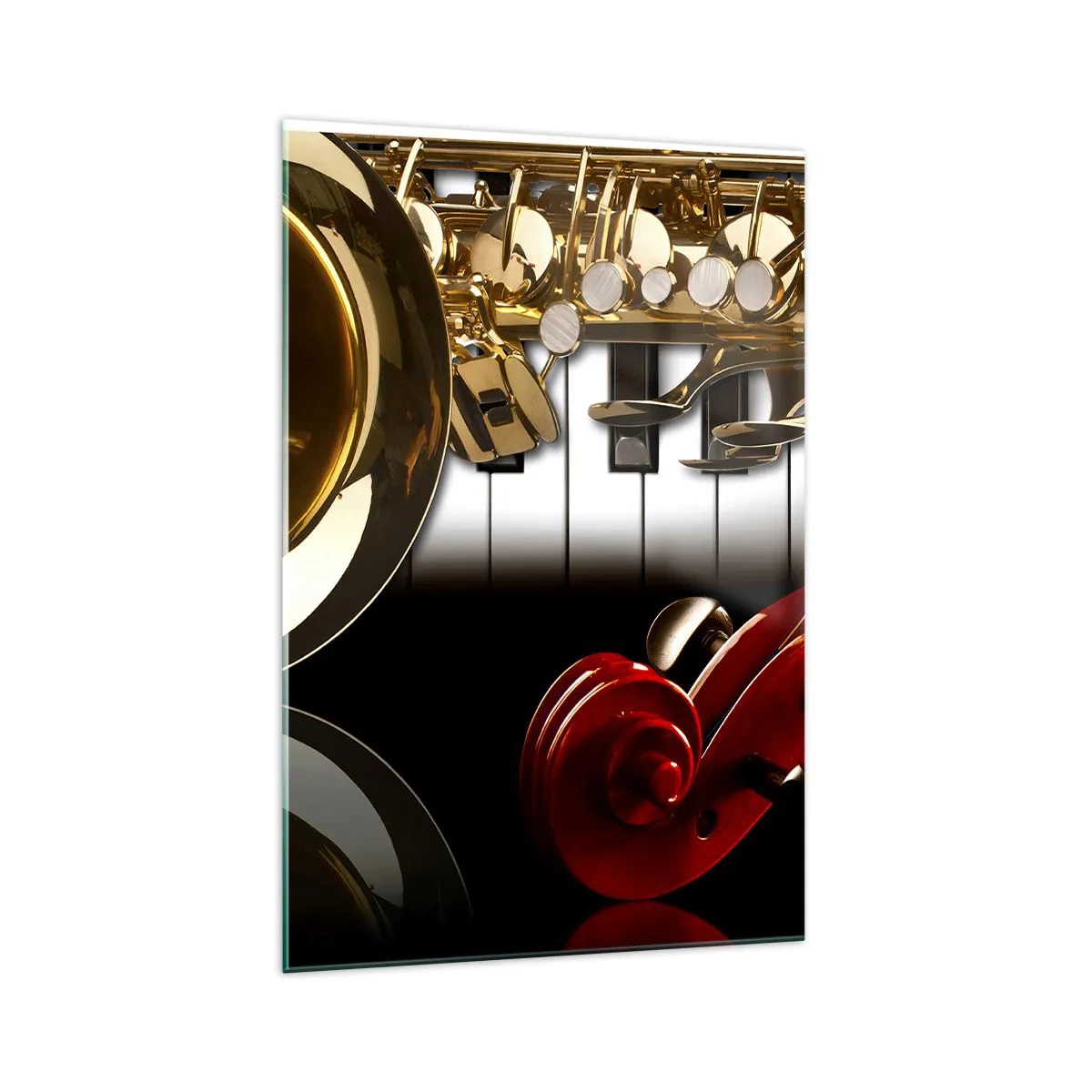 Obraz na szkle - Złoty saksofon, klawisze fortepianu i czerwona skrzypce - 70x100cm - Blacha, drewno i kość słoniowa - Nowoczesna dekoracja ścienna do salonu i sypialni ARTTOR