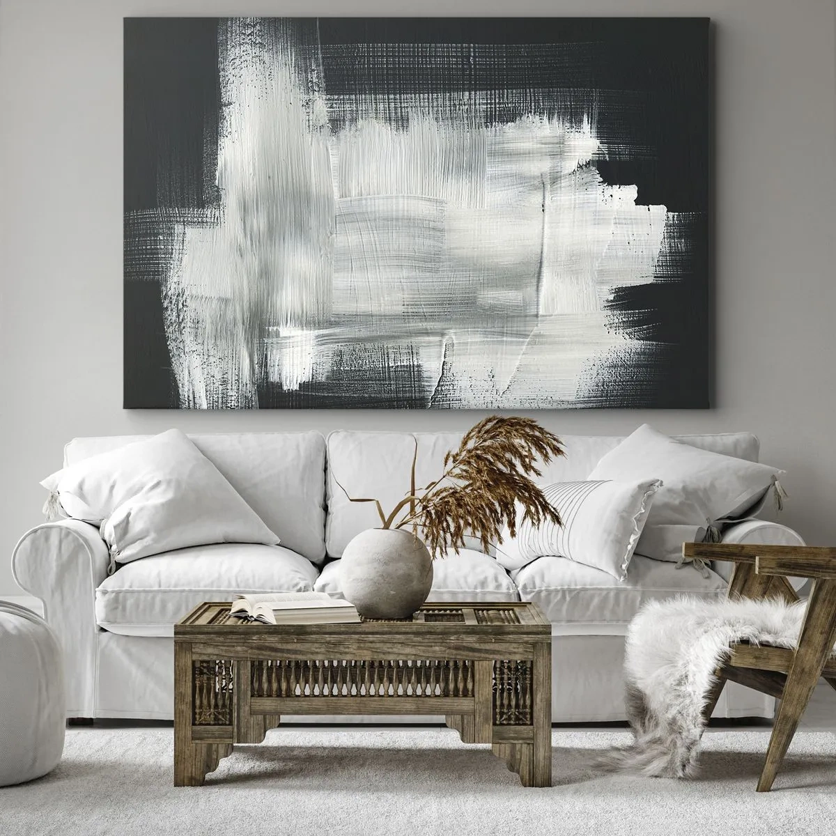 Obraz na płótnie - Białe abstrakcyjne pociągnięcia na ciemnym tle - 70x50cm - Utkane z pionu i poziomu - Nowoczesna dekoracja ścienna do salonu i sypialni ARTTOR