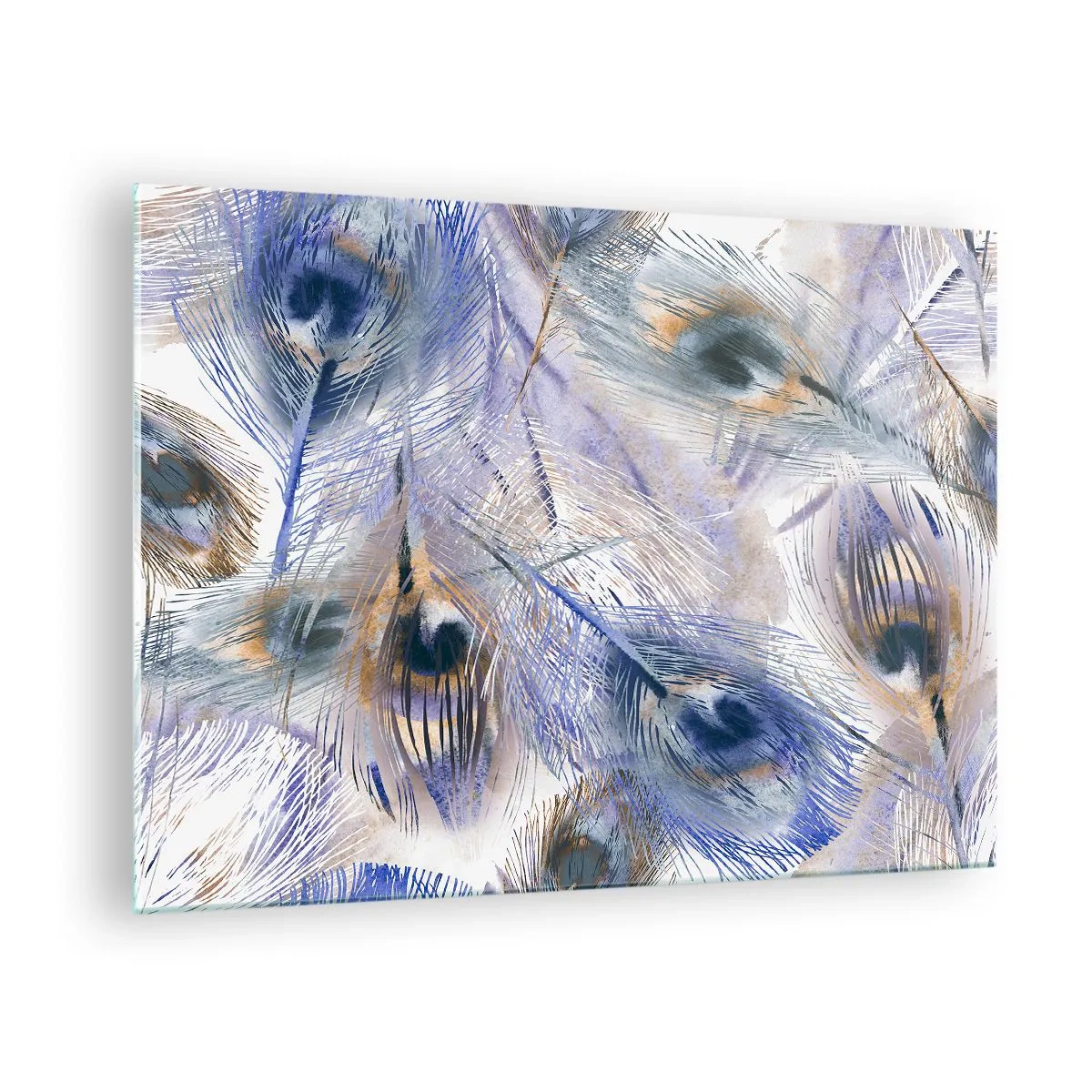 Obraz na szkle - Delikatne pióra pawia w odcieniach niebieskiego i brązu - 70x50cm - Pawiooka kompozycja - Nowoczesna dekoracja ścienna do salonu i sypialni ARTTOR