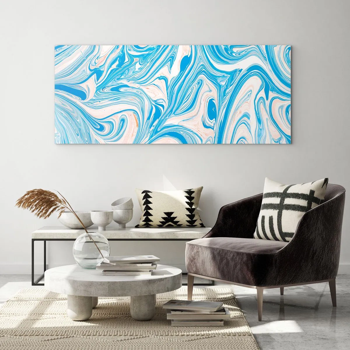 Obraz na szkle - Abstrakcyjne niebieskie i białe wiry w stylu marmuru - 140x50cm - Rozlewisko w turkusie - Nowoczesna dekoracja ścienna do salonu i sypialni ARTTOR