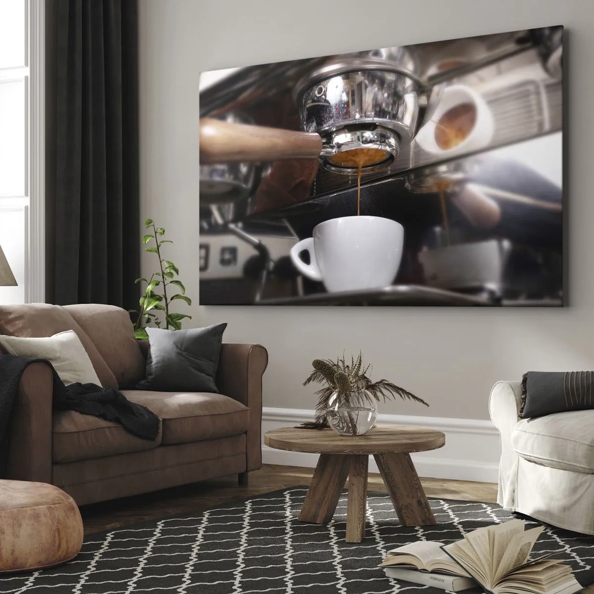 Obraz na płótnie - Zbliżenie na ekspres do kawy przygotowujący świeże espresso - 70x50cm - Dobra chwila dnia - Nowoczesna dekoracja ścienna do salonu i sypialni ARTTOR