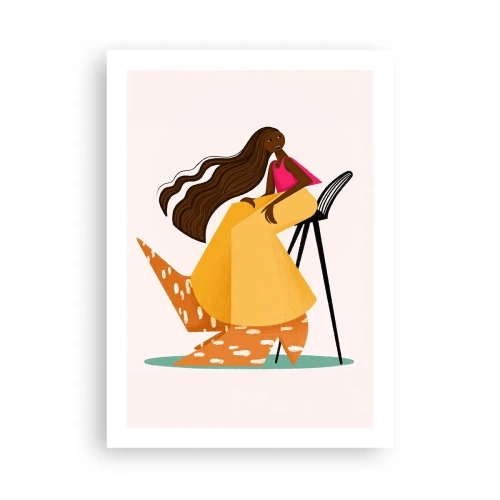 Plakat - Stylizowana kobieca postać w ciepłych barwach na abstrakcyjnym tle - 50x70cm - Moda to też zabawa - Nowoczesna dekoracja ścienna do salonu, kuchni i sypialni ARTTOR