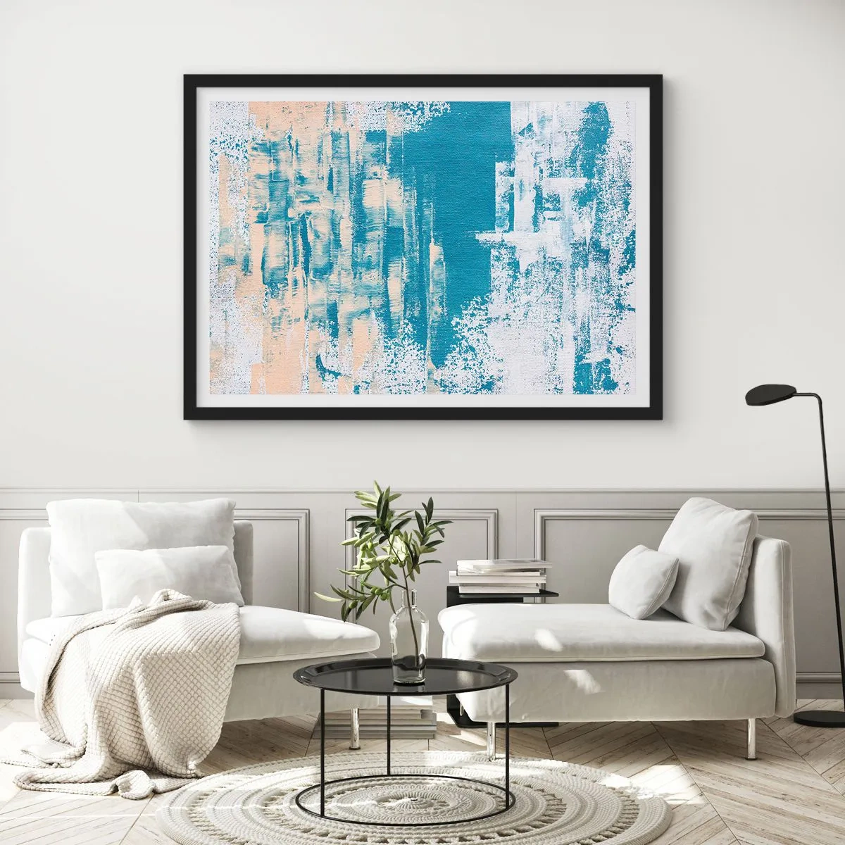 Plakat w czarnej ramie - Abstrakcyjna kompozycja w odcieniach błękitu i bieli - 70x50cm - Przez lodowy sopel - Nowoczesna dekoracja ścienna do salonu i sypialni ARTTOR