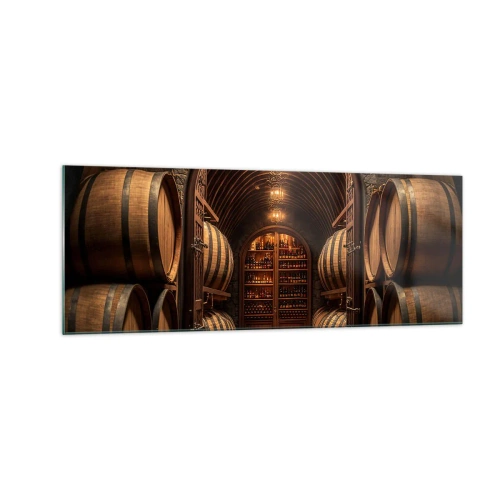 Obraz na szkle - Winiarnia z drewnianymi beczkami i półkami z winami - 140x50cm - Klimatyczna piwnica - Nowoczesna dekoracja ścienna do salonu i sypialni ARTTOR
