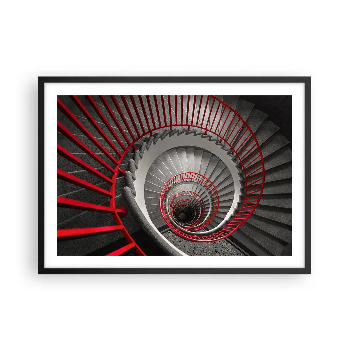 Plakat w czarnej ramie - Spiralne schody z czerwonymi poręczami w dynamicznej perspektywie - 70x50cm - Zabawy architektury - Nowoczesna dekoracja ścienna do salonu i sypialni ARTTOR