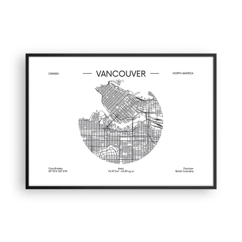 Plakat w czarnej ramie - Mapa Vancouver w minimalistycznym, czarno-białym stylu - 100x70cm - Anatomia Vancouver - Nowoczesna dekoracja ścienna do salonu i sypialni ARTTOR