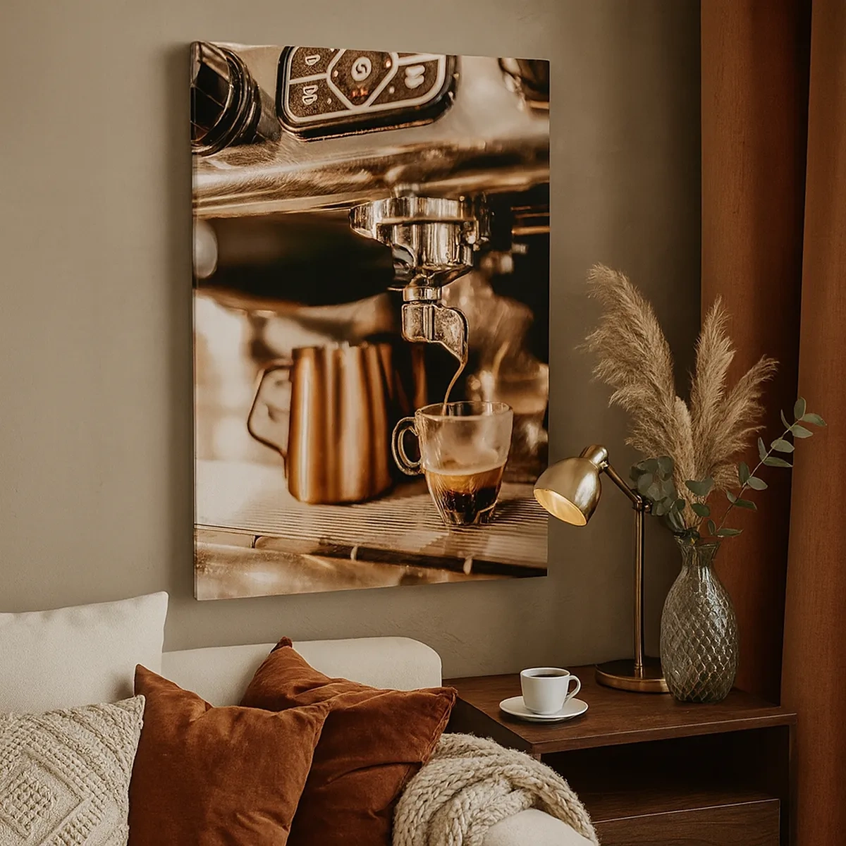 Obraz na płótnie - Ekspres do kawy nalewający aromatyczne espresso do szklanej filiżanki - 50x70cm - Blask kawy - Nowoczesna dekoracja ścienna do salonu, kuchni i sypialni ARTTOR