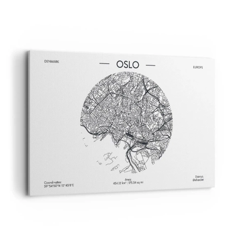 Obraz na płótnie - Mapa Oslo w minimalistycznym, czarno-białym stylu - 120x80cm - Anatomia Oslo - Nowoczesna dekoracja ścienna do salonu, kuchni i sypialni ARTTOR