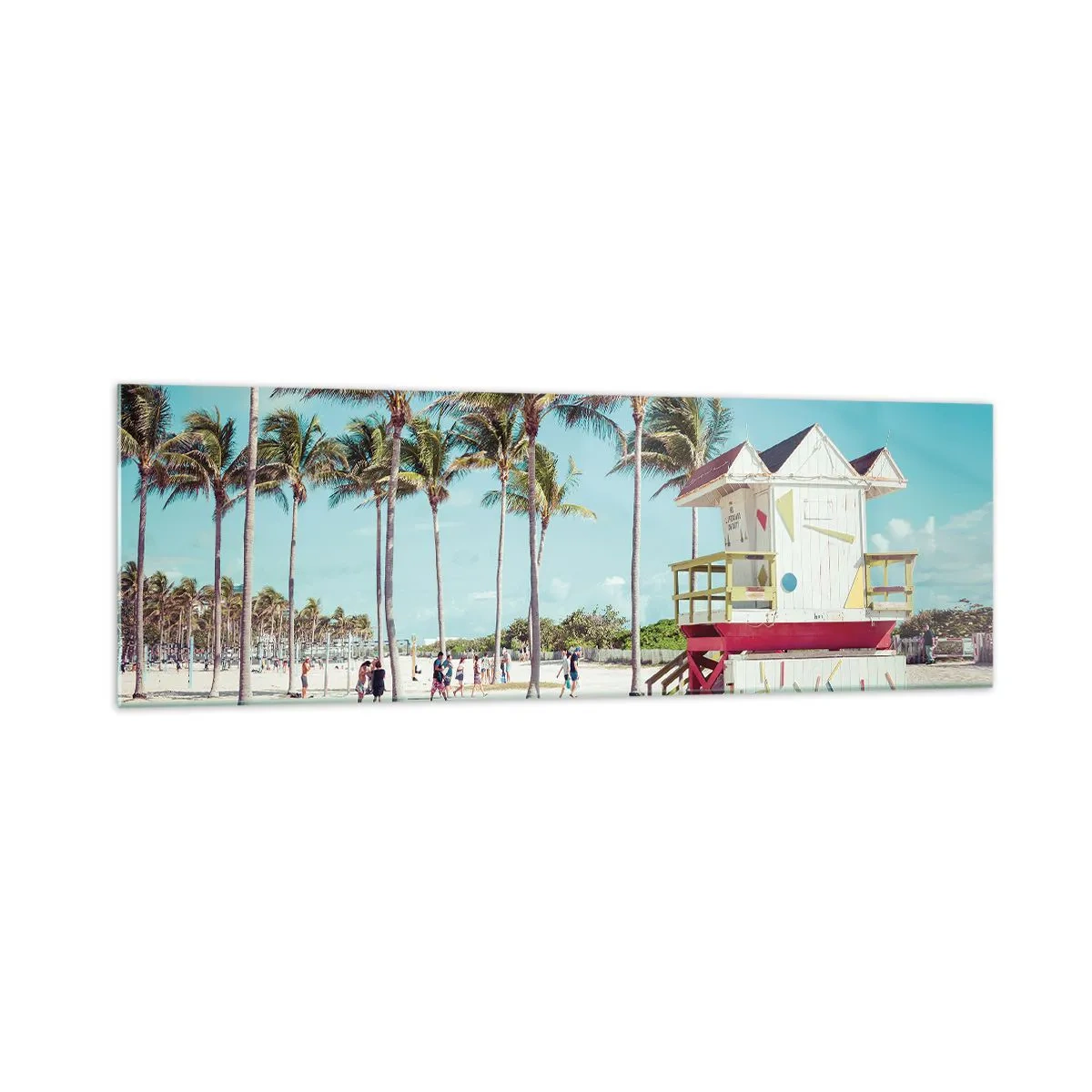 Obraz na szkle - Plaża z palmami i wieżą ratowniczą w tle - 160x50cm - Przed tobą piękny dzień - Nowoczesna dekoracja ścienna do salonu i sypialni ARTTOR