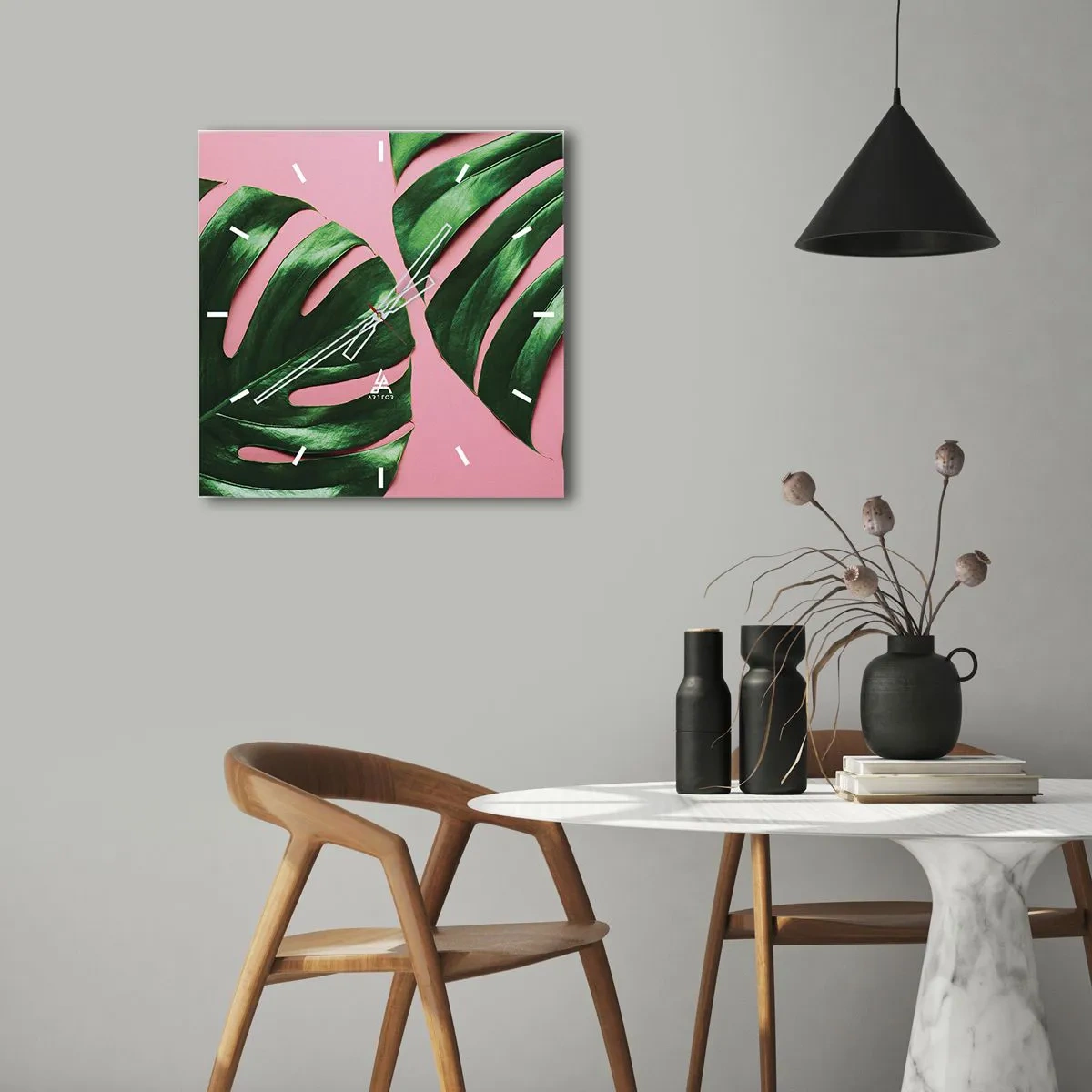 Zegar ścienny - Zielone liście monstery na różowym tle - 30x30cm - Zielone rendez-vous - Nowoczesna dekoracja ścienna do salonu i sypialni ARTTOR