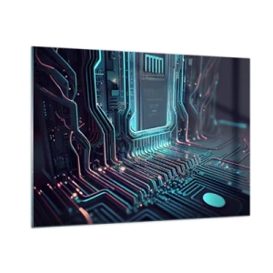 Obraz na szkle - Neonowa wizualizacja ścieżek procesora na czarnym tle - 100x70cm - Tak sobie myślę… - Nowoczesna dekoracja ścienna do salonu, kuchni i sypialni ARTTOR