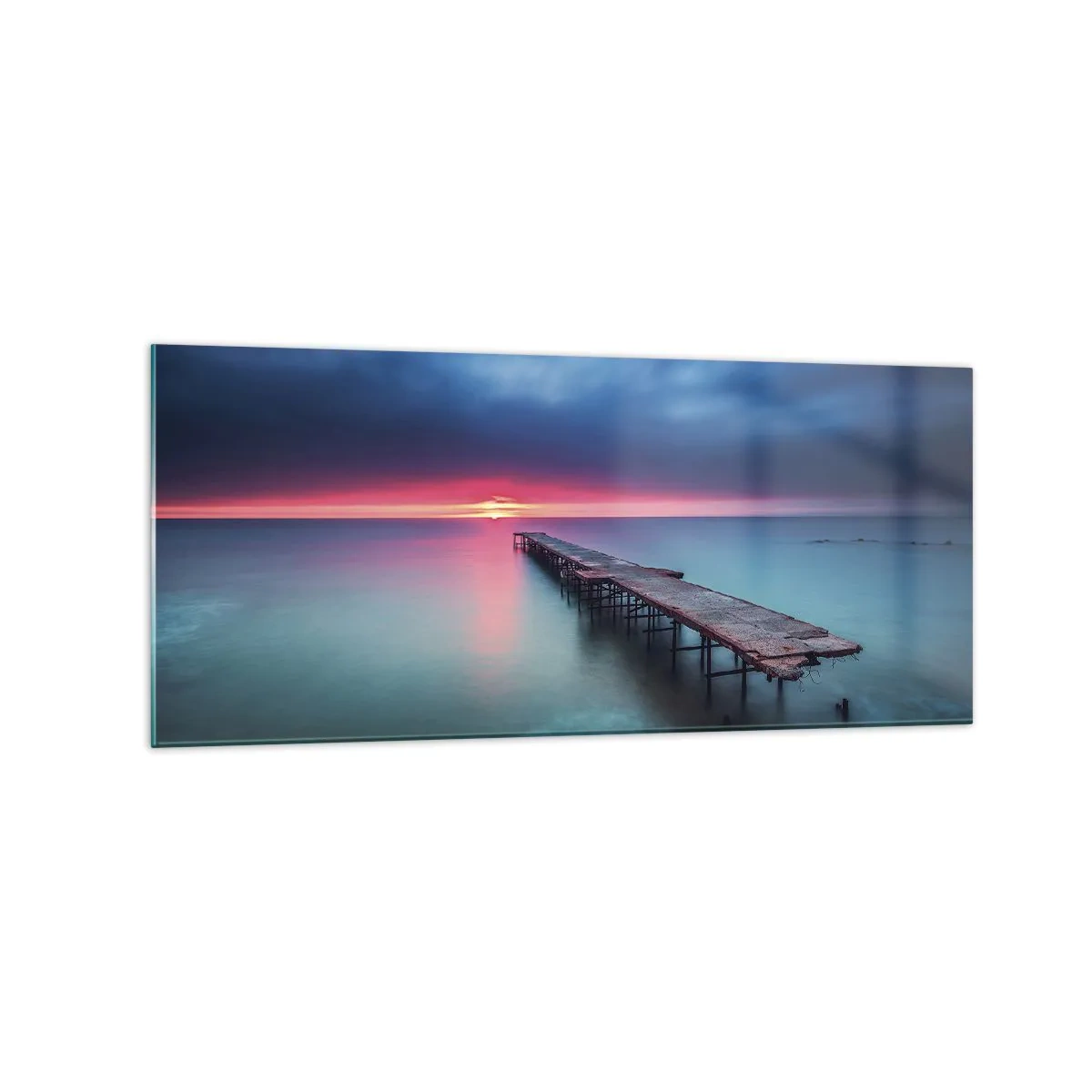 Obraz na szkle - Drewniane molo prowadzące wprost na morze o zachodzie słońca - 120x50cm - Między niebem a ziemią - Nowoczesna dekoracja ścienna do salonu i sypialni ARTTOR
