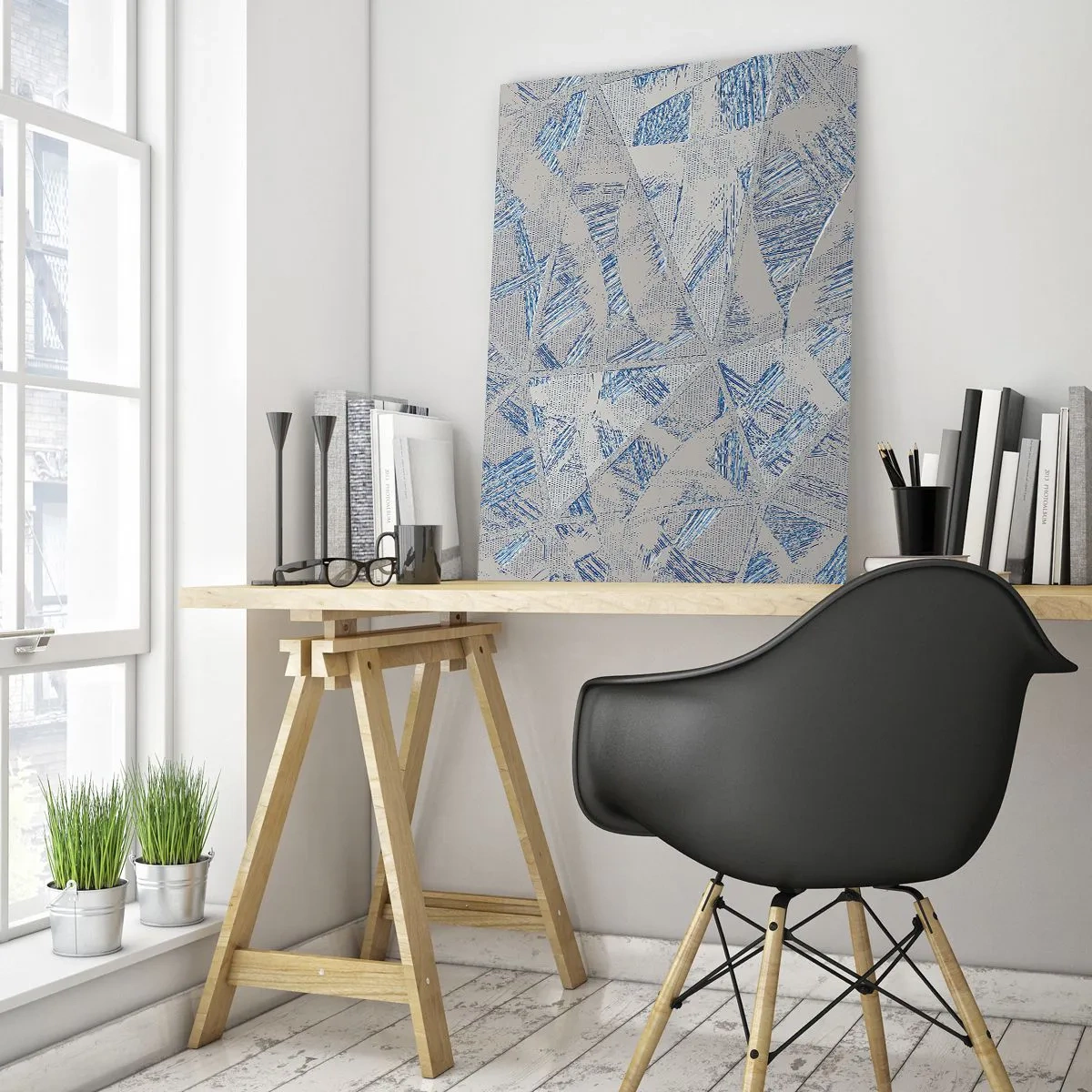 Obraz na szkle - Geometryczne wzory w odcieniach szarości i niebieskiego - 50x70cm - W szaroniebieskim labiryncie - Nowoczesna dekoracja ścienna do salonu, kuchni i sypialni ARTTOR