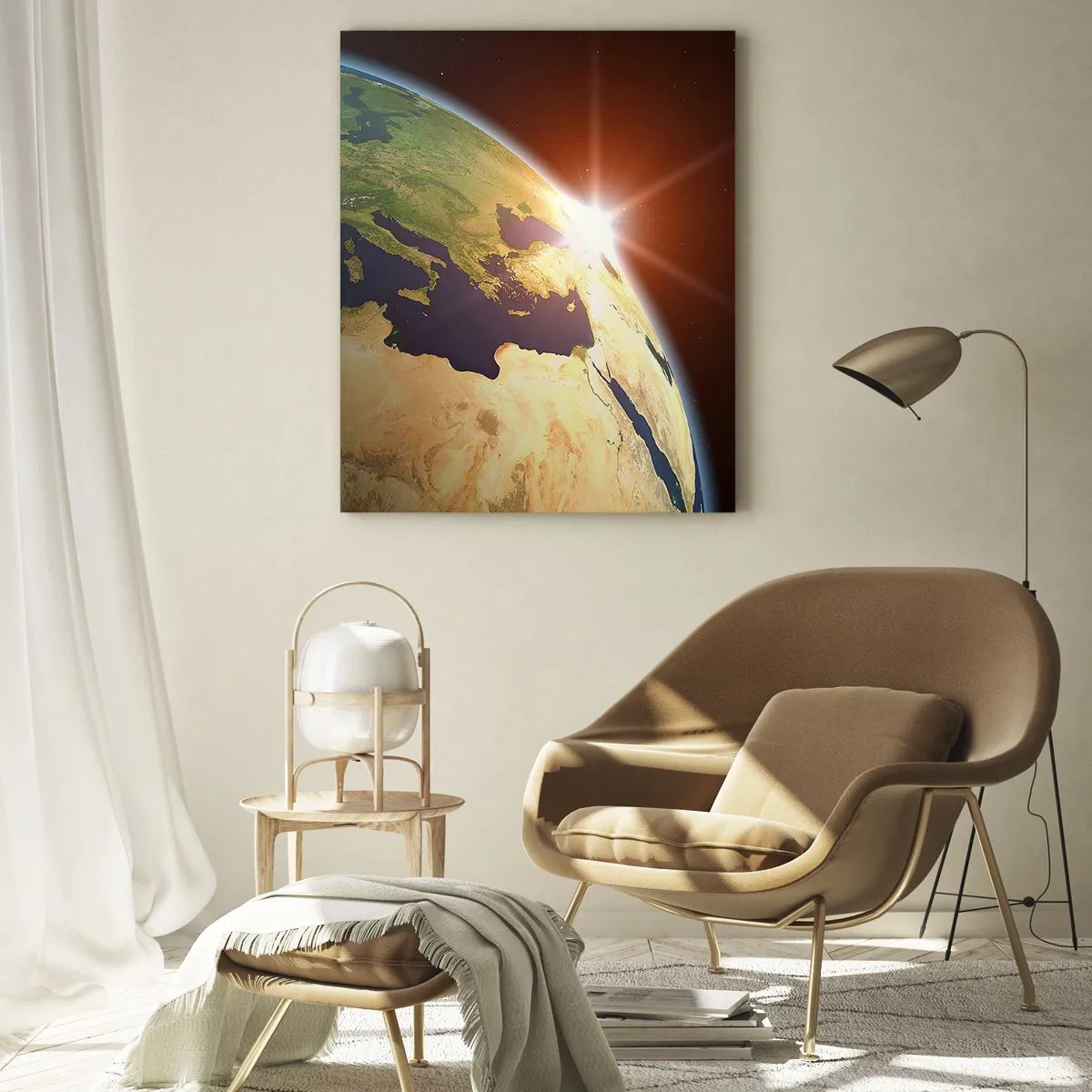 Obraz na szkle - Ziemia oświetlona wschodzącym słońcem z kosmosu - 50x70cm - Wschód słońca - Nowoczesna dekoracja ścienna do salonu, kuchni i sypialni ARTTOR