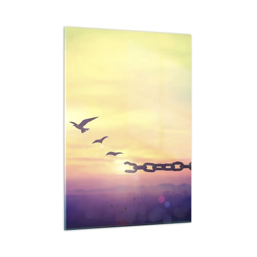 Obraz na szkle - Ptaki w locie na tle łańcucha i zachodu słońca - 50x70cm - Zwycięstwo wolności - Nowoczesna dekoracja ścienna do salonu, kuchni i sypialni ARTTOR