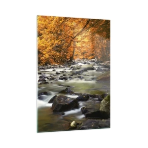 Obraz na szkle - Jesienny las z potokiem i kamieniami - 50x70cm - Potok w złotym lesie - Nowoczesna dekoracja ścienna do salonu, kuchni i sypialni ARTTOR