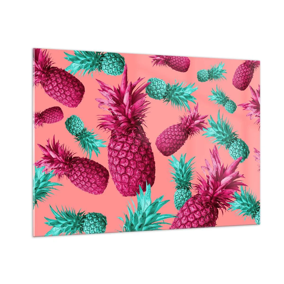 Obraz na szkle - Kolorowe ananasy w odcieniach różu i zieleni na różowym tle - 100x70cm - Wolność jest słodka - Nowoczesna dekoracja ścienna do salonu, kuchni i sypialni ARTTOR