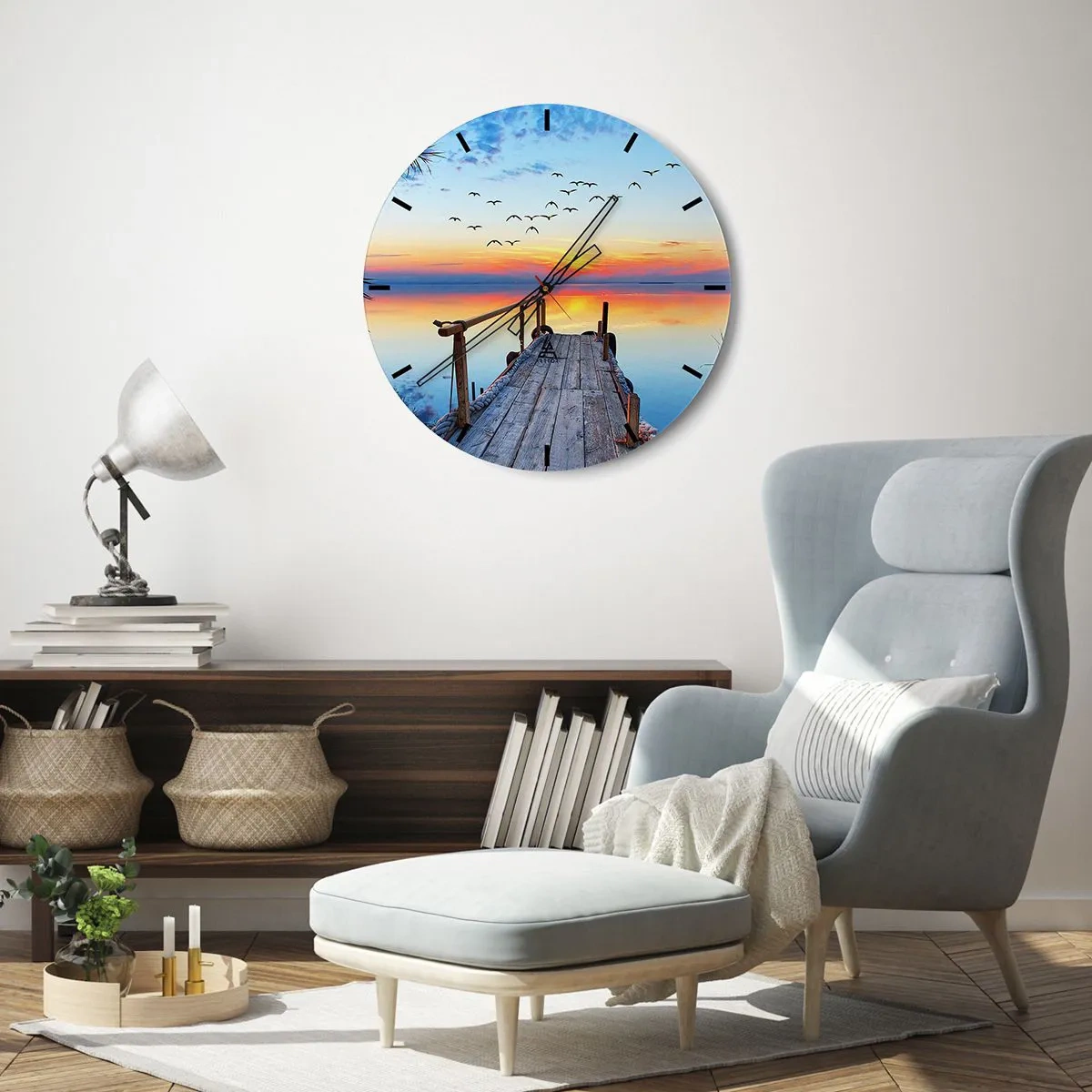 Zegar ścienny - Pomost na jeziorze w promieniach zachodzącego słońca - 30x30cm - Pora wracać… - Nowoczesna dekoracja ścienna do salonu, kuchni i sypialni ARTTOR