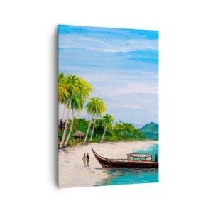 Obraz na płótnie - Egzotyczna plaża z palmami i łodzią przy brzegu - 70x100cm - Egzotyczny sen - Nowoczesna dekoracja ścienna do salonu i sypialni ARTTOR