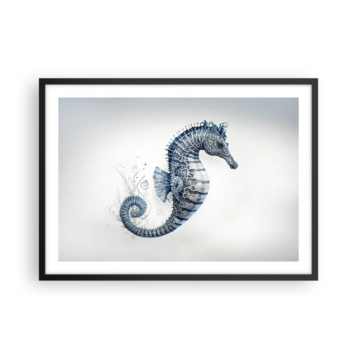 Plakat w czarnej ramie - Konik morski w odcieniach niebieskiego z detalami akwareli - 70x50cm - Subtelny żart natury - Nowoczesna dekoracja ścienna do salonu i sypialni ARTTOR