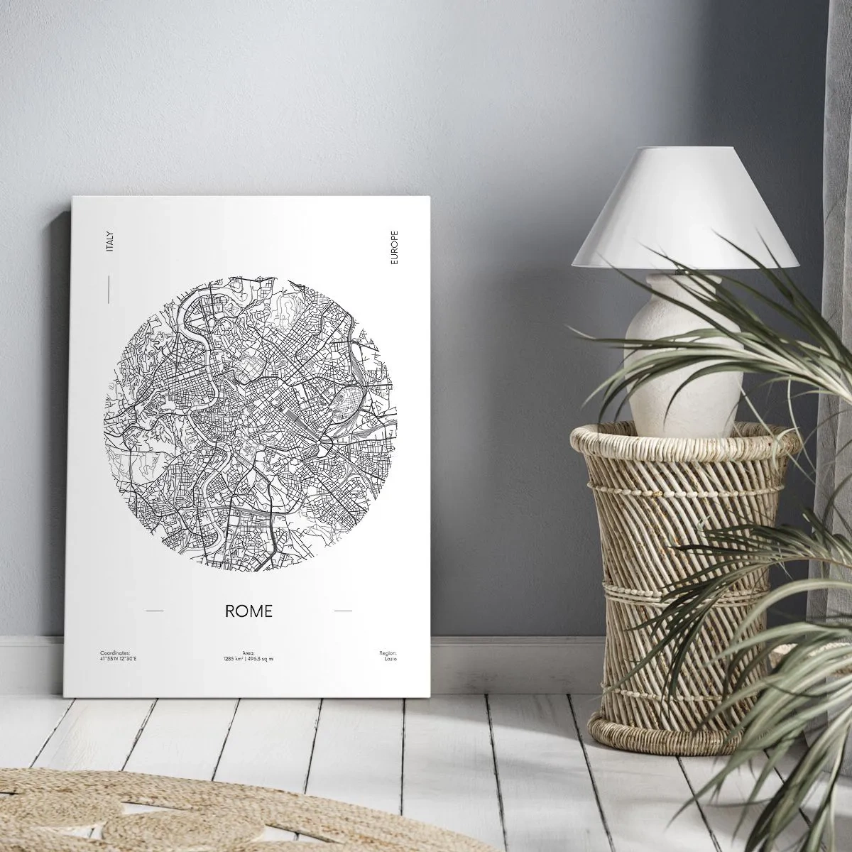 Obraz na płótnie - Mapa Rzymu w minimalistycznym, czarno-białym stylu - 80x120cm - Anatomia Rzymu - Nowoczesna dekoracja ścienna do salonu i sypialni ARTTOR