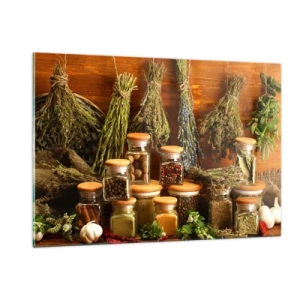 Obraz na szkle - Zioła i przyprawy w słoikach na drewnianym tle - 120x80cm - Kuchenne czary - Nowoczesna dekoracja ścienna do salonu, kuchni i sypialni ARTTOR