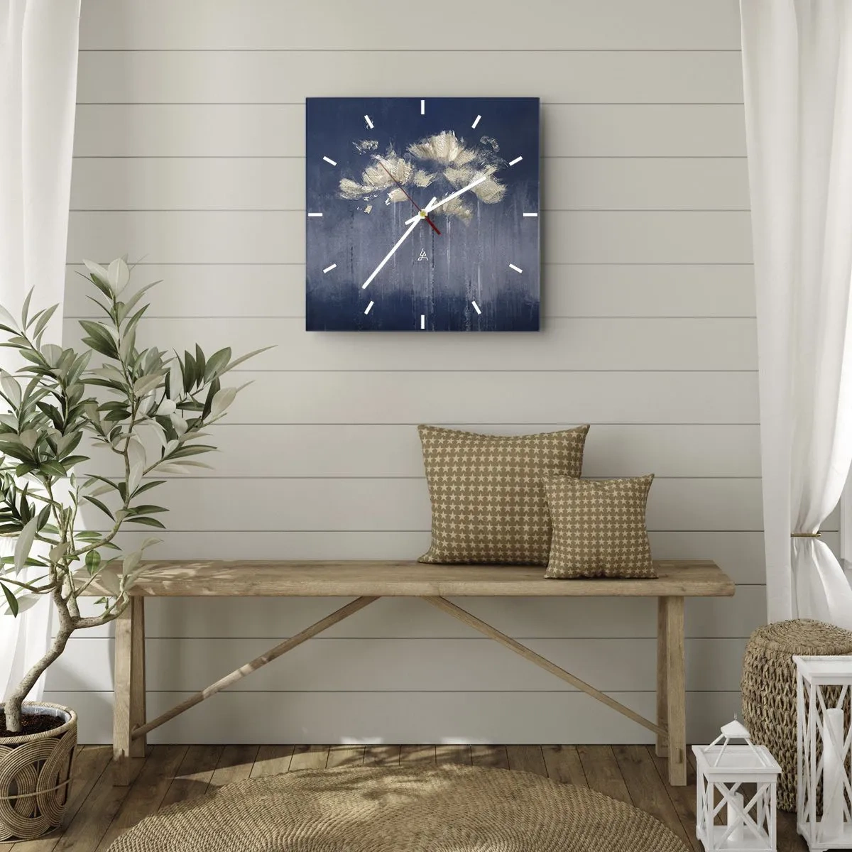 Zegar ścienny - Delikatne kwiaty na niebieskim tle - 30x30cm - Jak płatki na wietrze - Nowoczesna dekoracja ścienna do salonu i sypialni ARTTOR