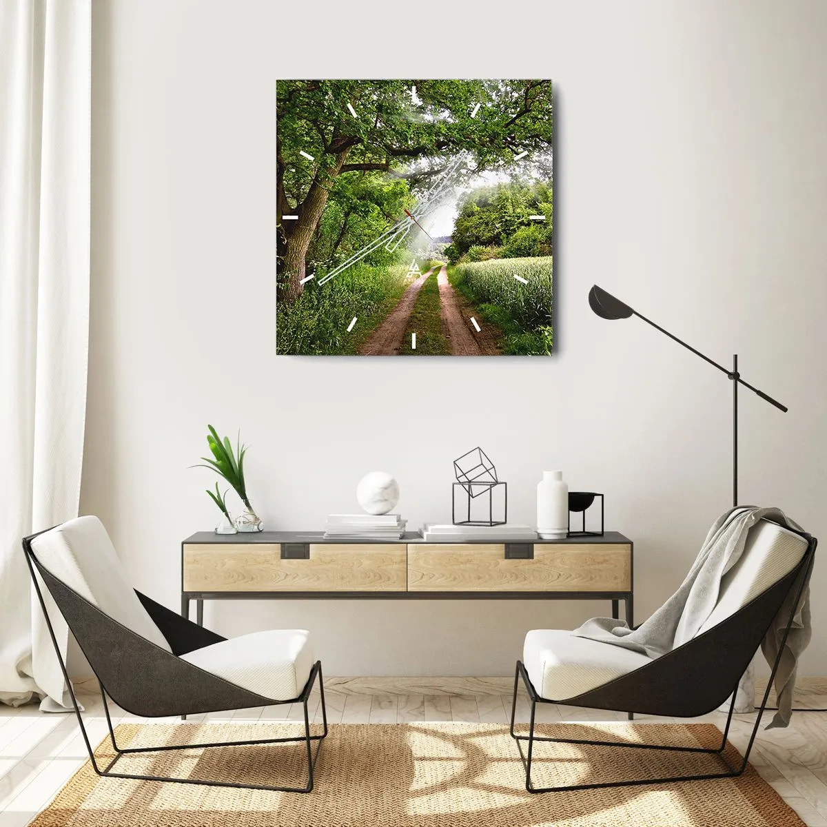 Zegar ścienny - Polna droga wśród zielonych drzew i promieni słońca - 30x30cm - Et in Arcadia ego - Nowoczesna dekoracja ścienna do salonu i sypialni ARTTOR