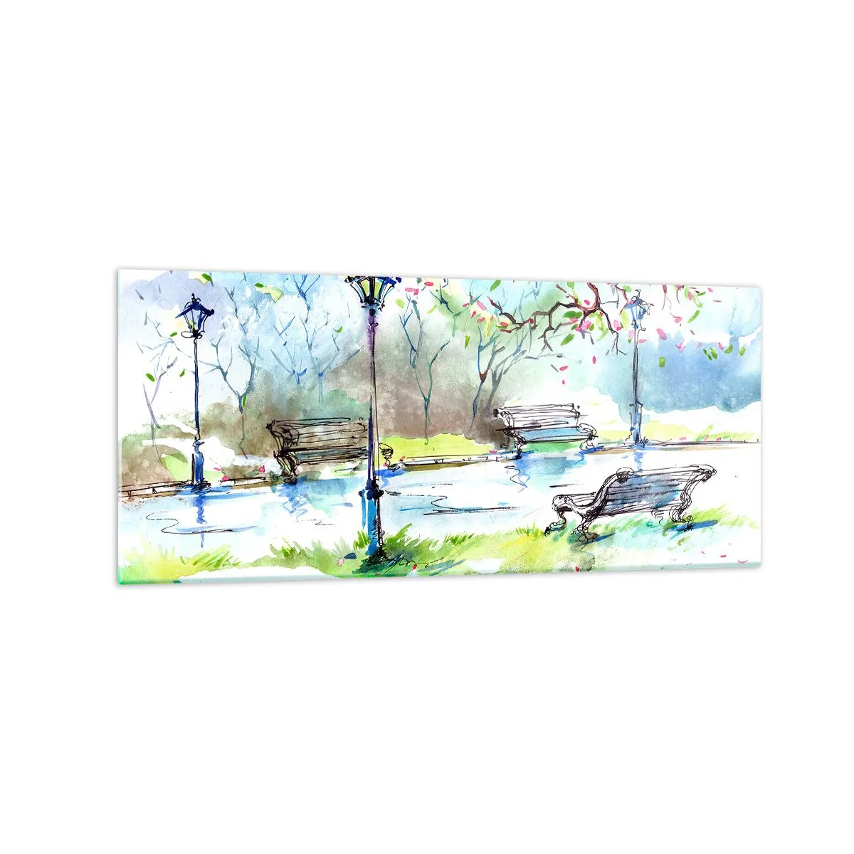 Obraz na szkle - Akwarelowa scena parku z ławkami i lampami - 120x50cm - Czar parkowej ciszy - Nowoczesna dekoracja ścienna do salonu i sypialni ARTTOR