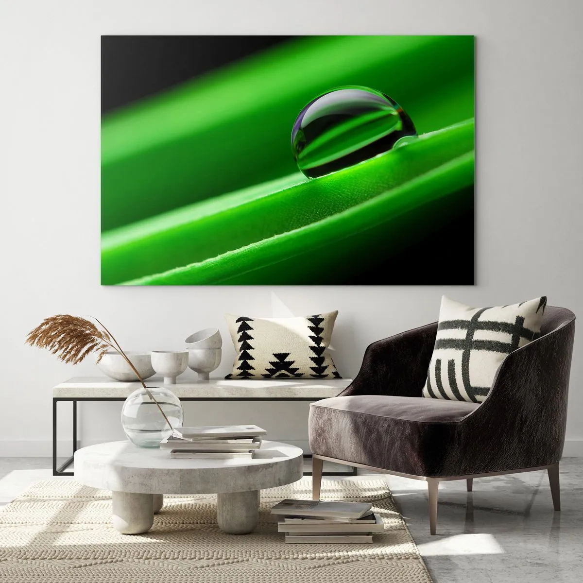 Obraz na szkle - Kropla rosy na zielonym liściu - 100x70cm - Życie z bliska - Nowoczesna dekoracja ścienna do salonu, kuchni i sypialni ARTTOR