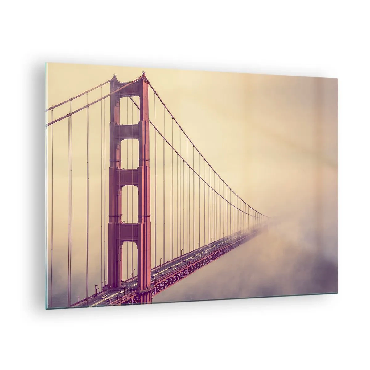 Obraz na szkle - Most Golden Gate w San Francisco w mglistym krajobrazie - 70x50cm - Między niebem a ziemią - Nowoczesna dekoracja ścienna do salonu i sypialni ARTTOR