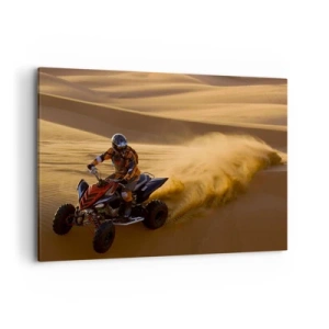Obraz na płótnie - Motocyklista na quadzie pędzący po piaszczystych wydmach pustyni - 100x70cm - Na falach piasku - Nowoczesna dekoracja ścienna do salonu, kuchni i sypialni ARTTOR