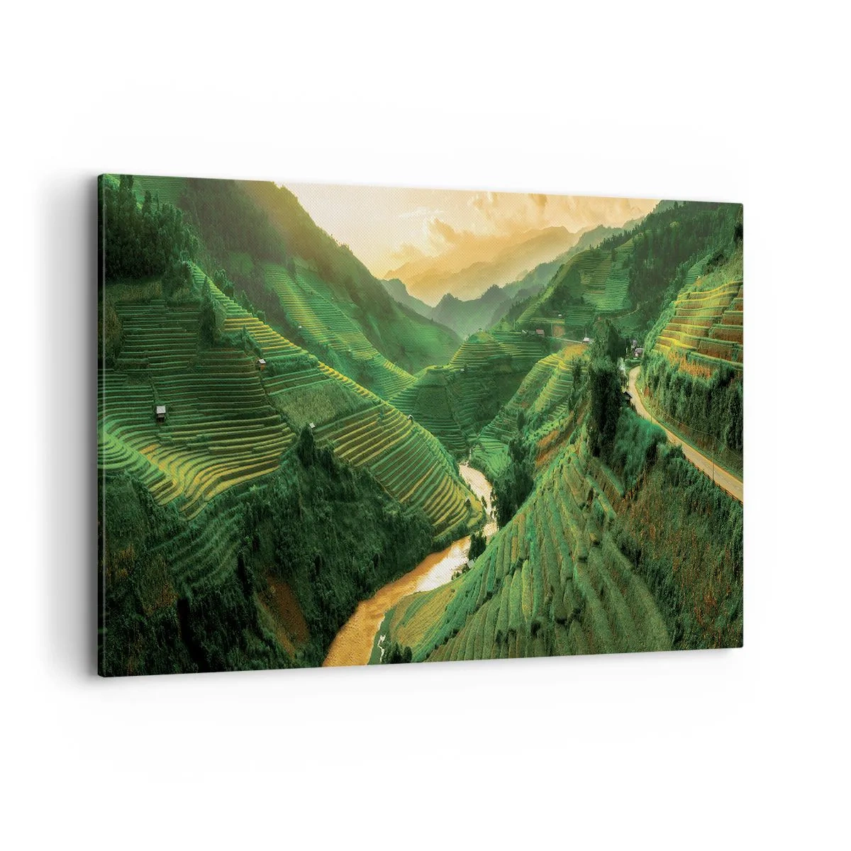 Obraz na płótnie - Malownicze tarasy ryżowe w zielonej dolinie oświetlone zachodzącym słońcem - 120x80cm - Wietnamska dolina - Nowoczesna dekoracja ścienna do salonu, kuchni i sypialni ARTTOR