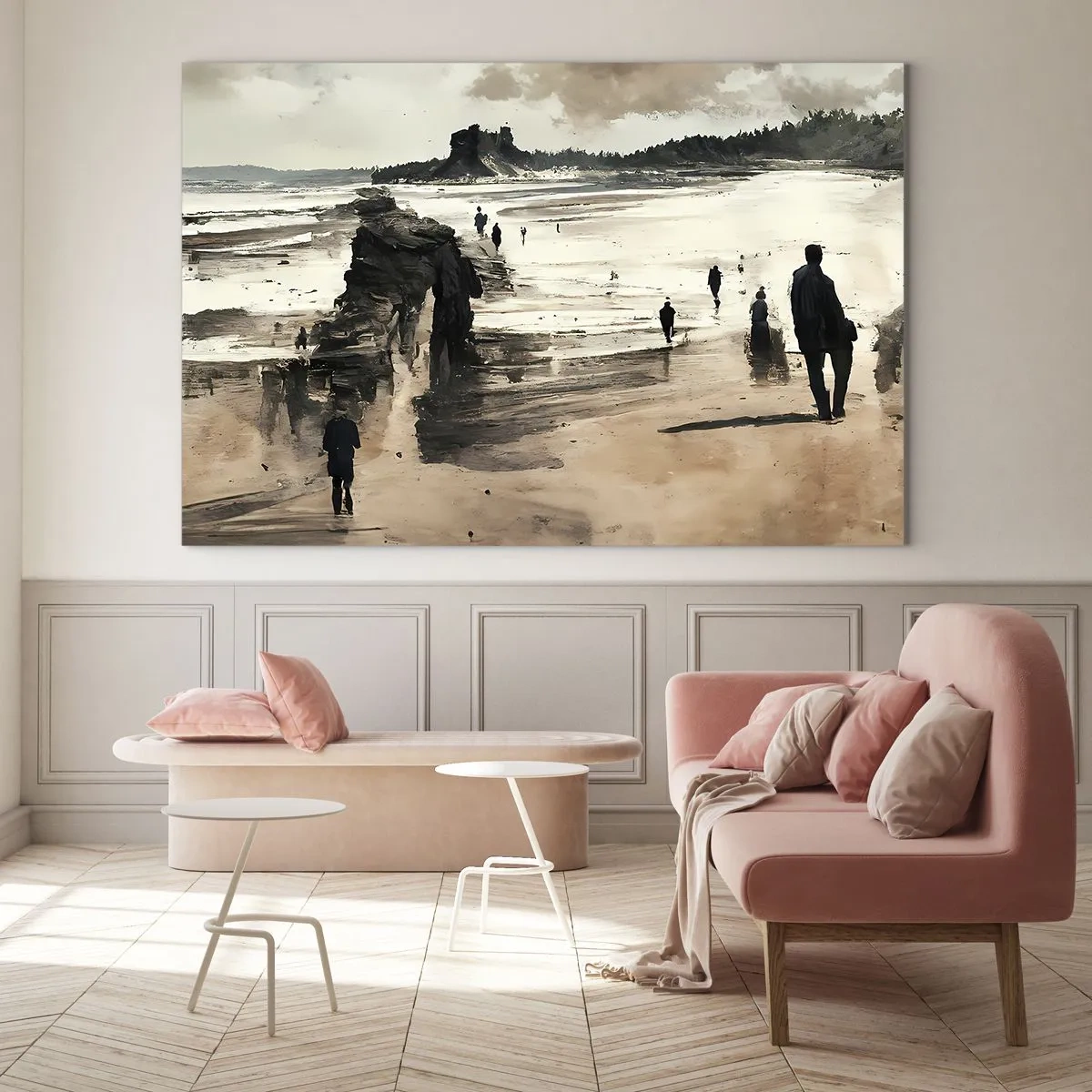 Obraz na szkle - Spacerujące sylwetki na szerokiej plaży przy pochmurnym niebie - 70x50cm - Przywołani - Nowoczesna dekoracja ścienna do salonu i sypialni ARTTOR