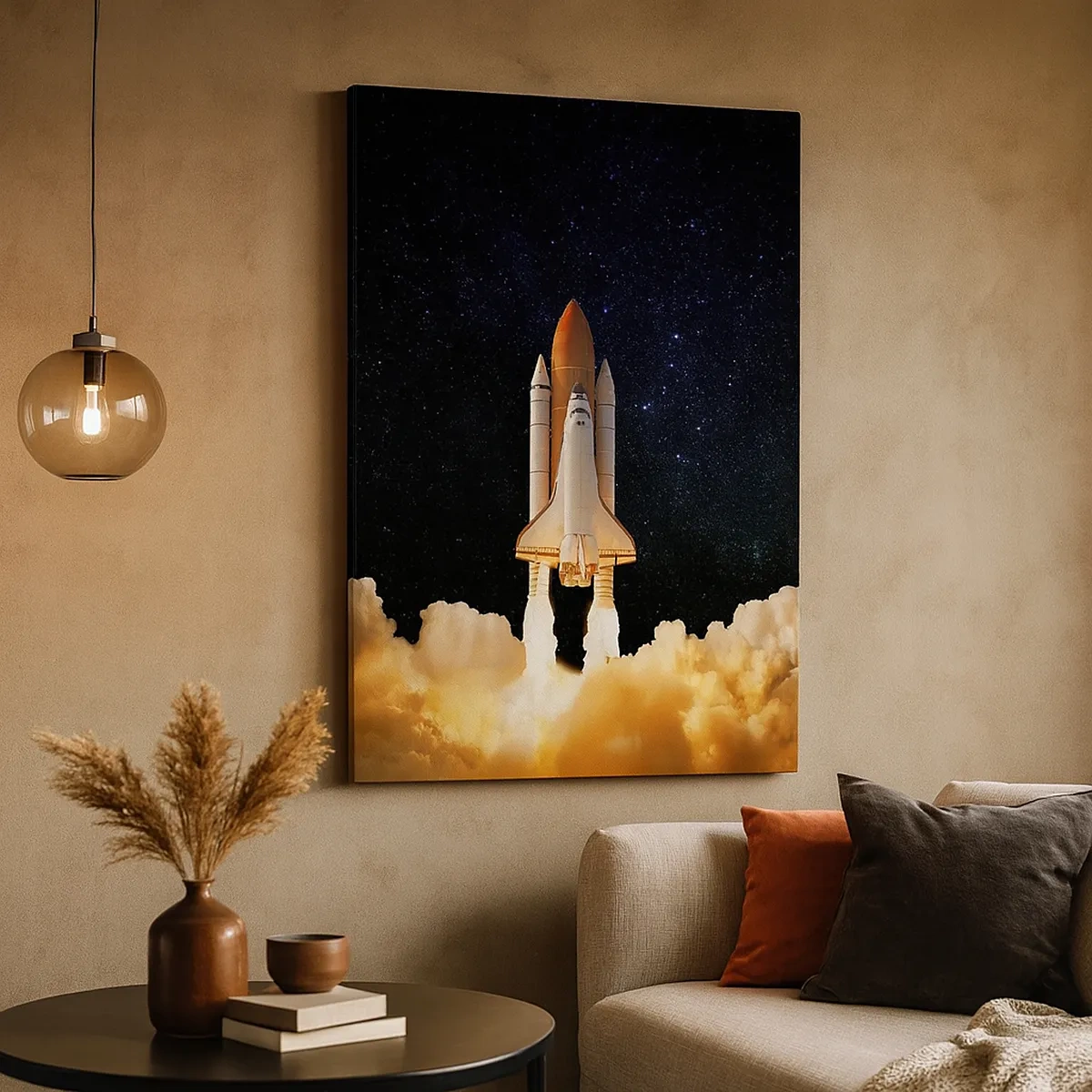 Obraz na płótnie - Startujący prom kosmiczny na tle gwiaździstego nieba i chmur dymu - 50x70cm - Ad astra! - Nowoczesna dekoracja ścienna do salonu, kuchni i sypialni ARTTOR
