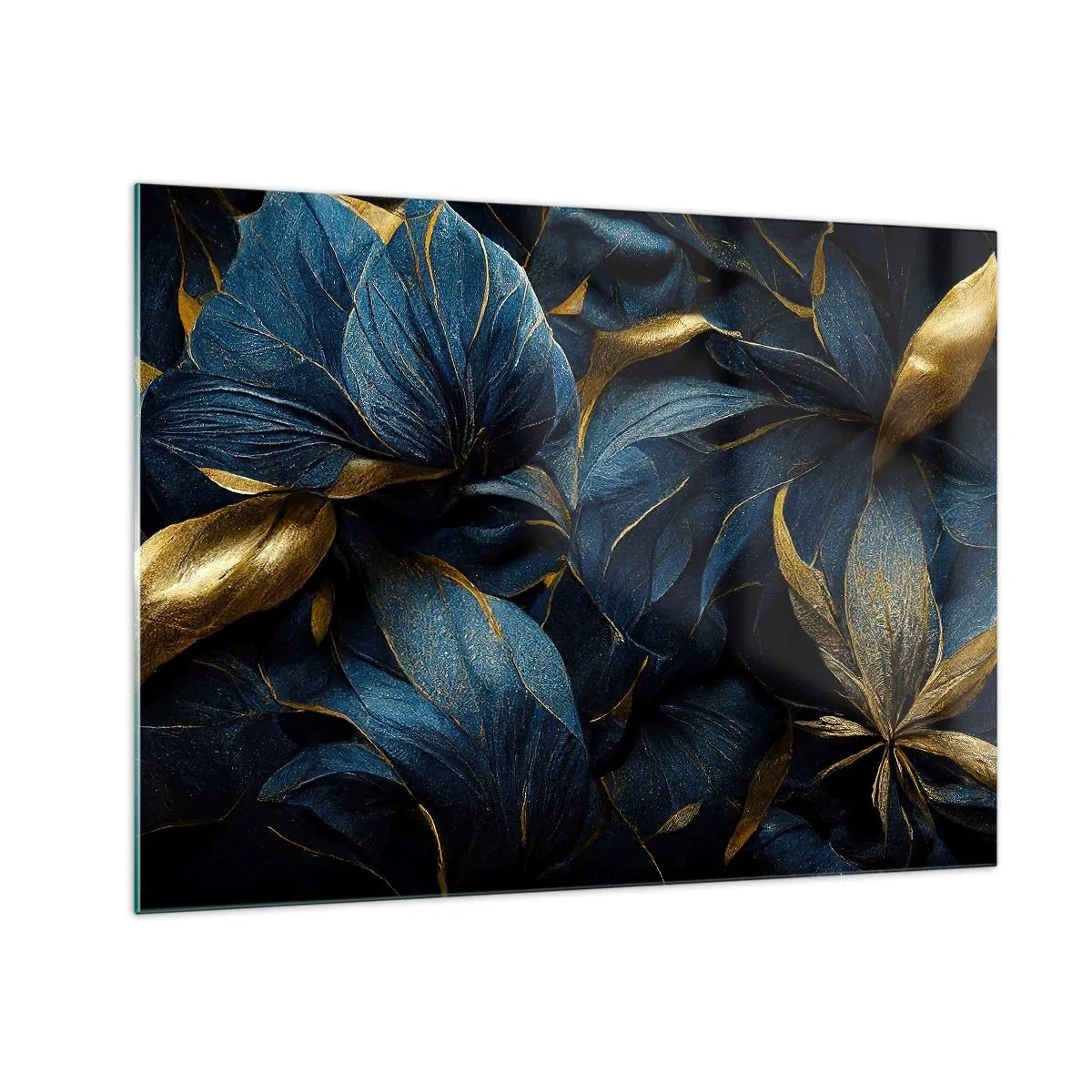 Obraz na szkle - Ciemnoniebieskie liście z subtelnymi złotymi akcentami - 70x50cm - Złotem podszyte - Nowoczesna dekoracja ścienna do salonu i sypialni ARTTOR
