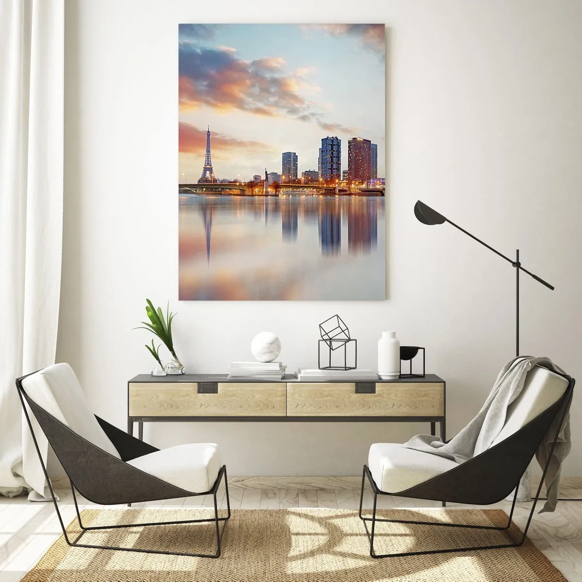 Obraz na szkle - Panorama Paryża z Wieżą Eiffla i nowoczesnymi budynkami o zmierzchu - 50x70cm - Monumentalny spokój Paryża - Nowoczesna dekoracja ścienna do salonu, kuchni i sypialni ARTTOR