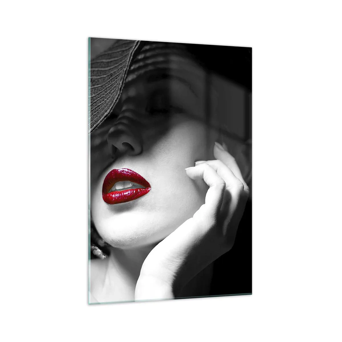 Obraz na szkle - Czarno-biały portret kobiety z czerwonymi ustami - 70x100cm - Studium w szkarłacie - Nowoczesna dekoracja ścienna do salonu i sypialni ARTTOR