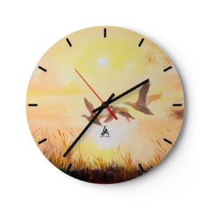 Zegar ścienny - Lecące kaczki na tle zachodzącego słońca i traw - 30x30cm - Początek dalekiej podróży - Nowoczesna dekoracja ścienna do salonu, kuchni i sypialni ARTTOR